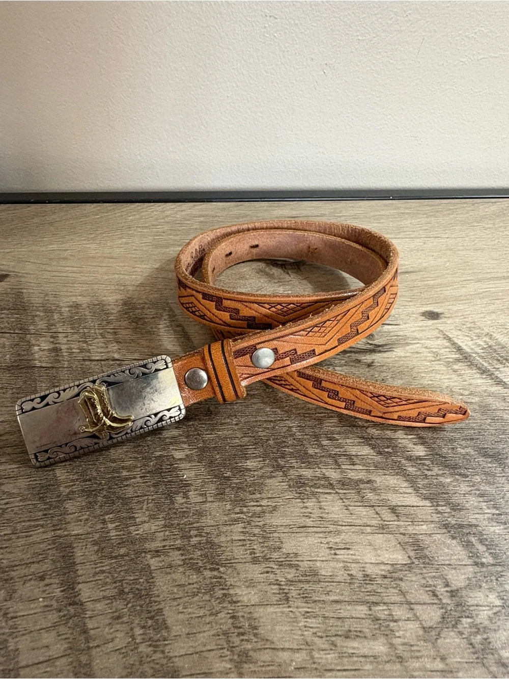 VINTAGE 50's CHAMBERS BELT CO. Brown LEATHER Silver BOOT BUCKLE Western BELT  26